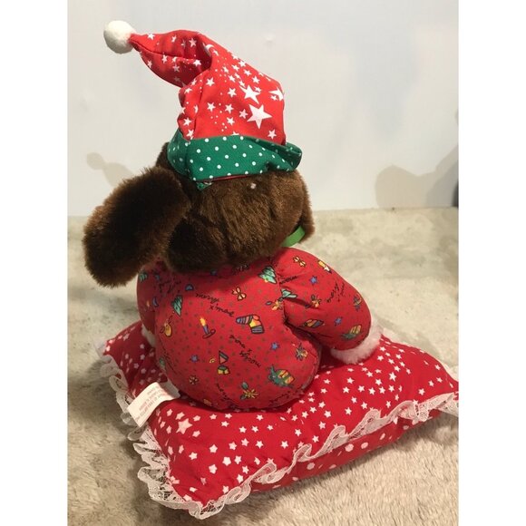Vintage Christmas Plush Puppy With Santa Hat & Pillow Accessory - Picture 3 of 7